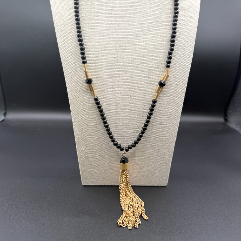 Express Black Bead Gold Tone Chain Tassel Pendant Necklace Statement Boho Gift